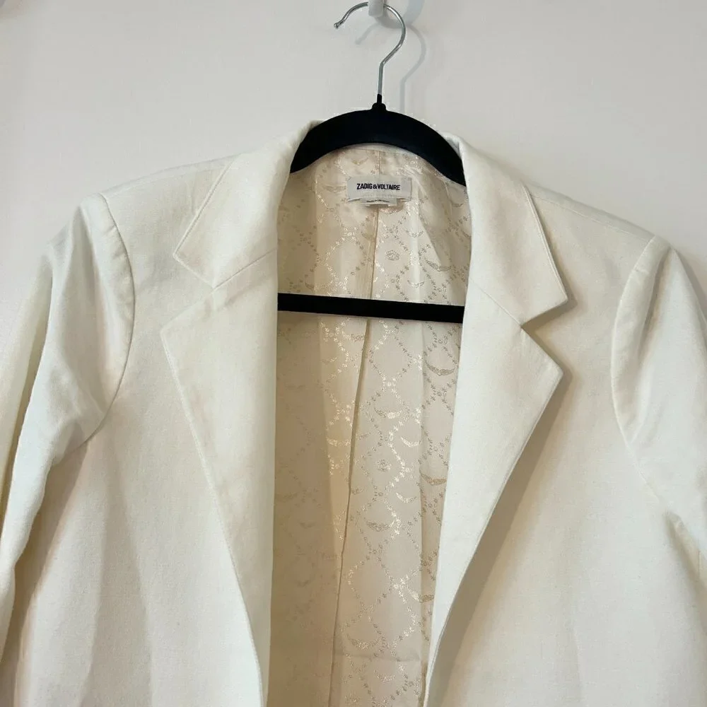 Zadig & Voltaire Volly Frange Ivory Open Front Blazer Jacket Size 36 - Picture 5 of 12